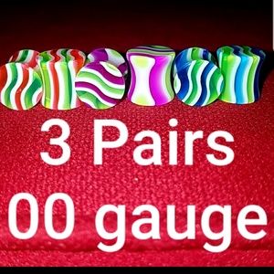 3 Pairs 00g Plugs Watermelon Pink Purple Blue